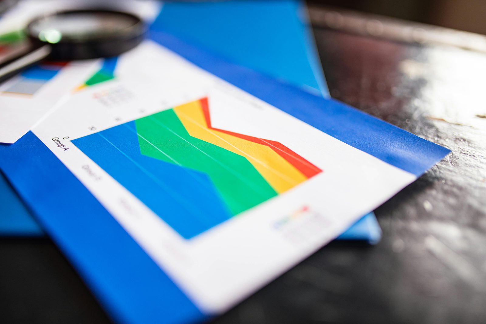 Marketing performance charts on a desk, representing ad budgeting