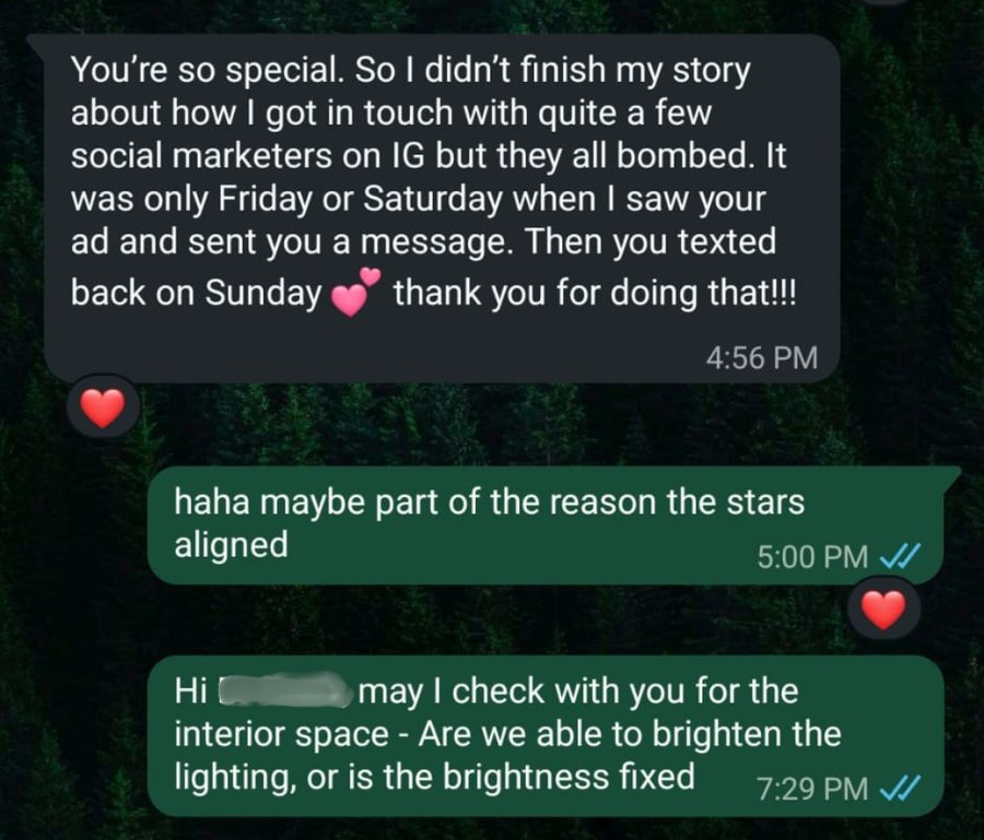 WhatsApp testimonial from a property agent client