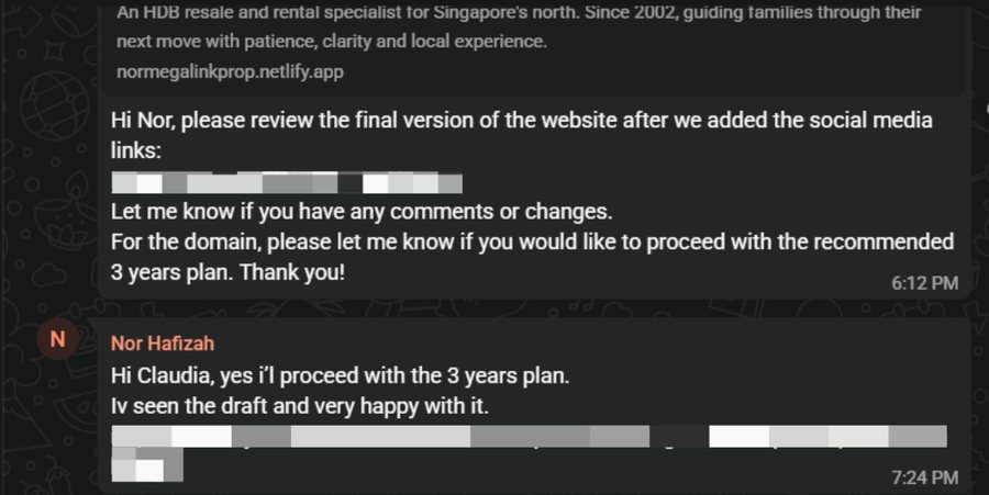 WhatsApp testimonial from Nor Hafizah, property agent client