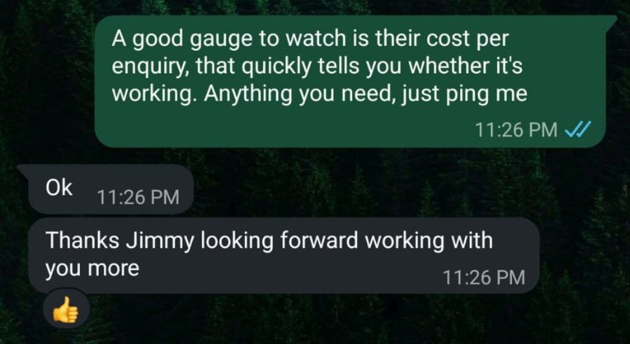WhatsApp testimonial from a property agent client